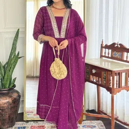 KALINI Ethnic Motifs Printed Sequnnied A-Line Georgette Kurta With Trousers & Dupatta-42