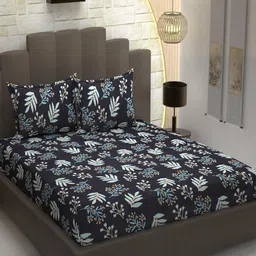 Banchmark Home Furnishings Black & Blue Floral 300 TC King Bedsheet with 2 Pillow Covers-image-95