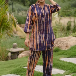 Zeyo Abstract Dyed Mandarin Collar Three-Quarter Sleeves Top With Palazzo-picture-13