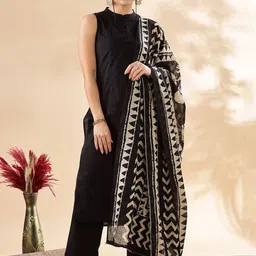 Anouk Mandarin Collar Pure Cotton A-Line Kurta With Palazzos & Dupatta-picture-26