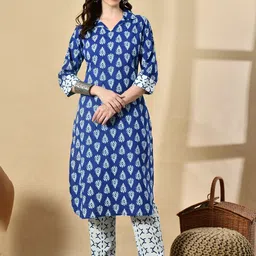 HERE&NOW Floral Printed Lapel Collar Pure Cotton Straight Kurta With Trousers-image-15