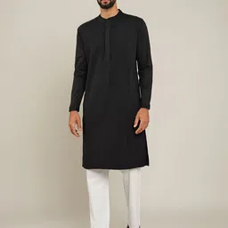 JAYPORE Striped Woven Design Band Collar Thread Work Pure Cotton Straight Kurta-image-58
