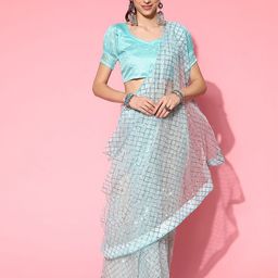 KAVINDI Checked Sequinned  Embroidery Work Net Saree-16