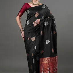 SWEETPEL Ethnic Motifs Woven Design Zari Silk Banarasi Saree with Blouse Piece-picture-4