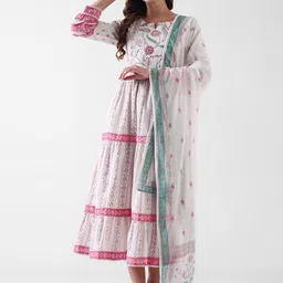 Pashet Women Floral Embellished Cotton Tiered Fit & Flare Midi Dress With Dupatta-image-5