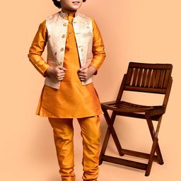 PRINTCULTR Boys Band Collar Three-Quarter Sleeves Regular Kurta & Churidar & Nehru Jacket-57