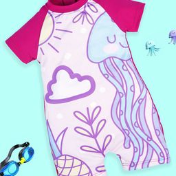 KiddoPanti Girls Printed Round Neck Half Sleeve Swim Legsuit-22