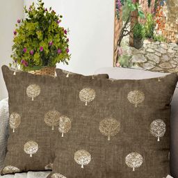Blue Grass Brown & Gold-Toned 2 Pieces Floral Printed Velvet Square Cushion Covers-image-80