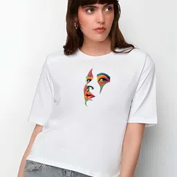 KAIDO Women Abstract Printed Round Neck Cotton T-shirt-picture-17