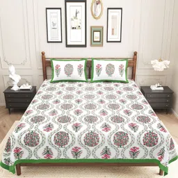 Urban Jaipur Cream-Coloured & Green Floral 186 TC King Bedsheet with 2 Pillow Covers-picture-47
