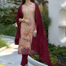 ZIRVI Peach Floral Printed Straight Kurta Set with Embroidered Neck & Maroon Dupatta-image-60