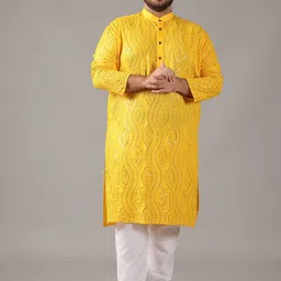 SOJANYA PLUS Size Floral Embroidered Band Collar Sequinned Cotton Straight Kurta-image-56