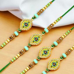 ADIVA Set Of 4 CZ Studded & Beaded Thread Rakhis With Pooja Thali & Roli Chawal-image-19