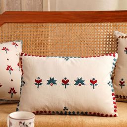 JAYPORE Off White & Blue Ethnic Motifs Rectangle Cushion Covers-image-30