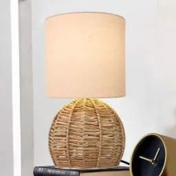 homesake Rattan Table Lamp, Small Nightstand Lamp with Linen Fabric Lampshade, Desk Lamp Bedside Lamp for Living Room Home Office Round, Jute-picture-28
