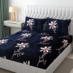 BLUEDOT Blue & Pink Floral Printed Wool 210 TC Fitted King Bedsheet Set1.98 m x 1.82-57