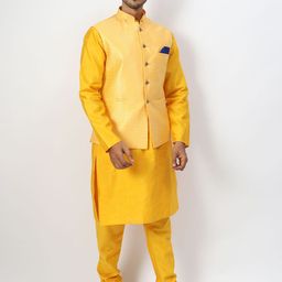 Ethluxis Mandarin Collar Jacquard Dupion Silk Kurta With Churidar & Nehru Jacket-image-16