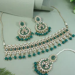 I Jewels Gold-Plated Kundan-Studded & Pearls Beaded Jewellery Set-55