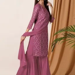 PARROT CREATION Floral Embroidered Georgette Straight Kurta With Sharara & Dupatta-picture-35