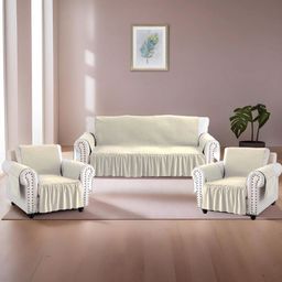 RUBOXA Cream-Coloured Solid Velvet 3 Piece Sofa Cover With Arms-image-21