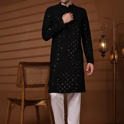 SKAVIJ Men Floral Embroidered Regular Sequinned Pure Cotton Kurta with Pyjamas-picture-15