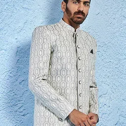 VASTRAMAY Self Design Mandarin Collar Slim-Fit Jacquard Bandhgala Blazers-picture-19