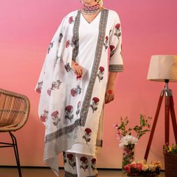 Sangria Women Floral Printed Cotton Kurta with Trousers & Dupatta-58