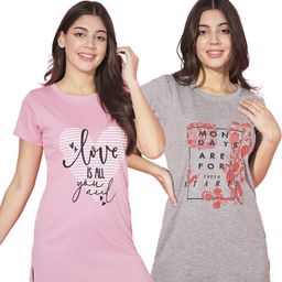 TRENDY WORLD Pack of 2 Women Printed Cotton Long T-shirts-image-69