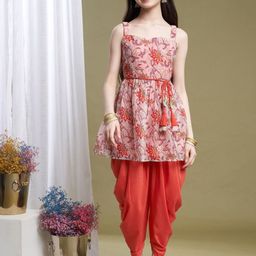 CurlyTales Girls Floral Printed Shoulder Straps Peplum Kurti with Dhoti Pants-image-58