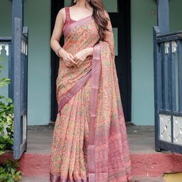 ZIRVI Printed Linen Blend Tussar Saree-image-32
