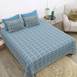 Texstylers Blue & Multicoloured Floral 210 TC Queen Bedsheet with 2 Pillow Covers-image-77