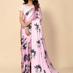 ODETTE Floral Printed Satin Saree With Blouse Piece-image-44