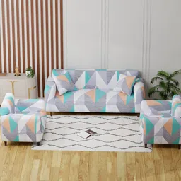 Lukzer Blue Printed Polyester 5 Piece Sofa Cover With Cushion Covers-image-94