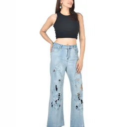 ADC SHEMONA Women Flared Mid-Rise Highly Distressed Cotton Light Fade Jeans-picture-20