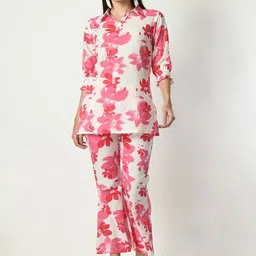 VAPPSYAM Floral Printed Shirt Collar Pure Cotton Casual Tunic With Trousers-51