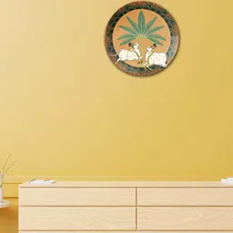 THE QUIRKY HOME Yellow & White Two Cows Under Palm Tree Printed Ceramic Wall Plates-15