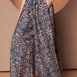 LookShine Women Navy Blue Polyester Printed Flared Regular Trousers-picture-1