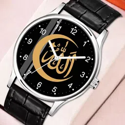 CSAMON Men Printed Dial & Leather Bracelet Style Straps Analogue Watch 1018SLV Islamic NUM01 BLK L-14
