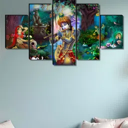 SAF Green & Red 5 Pieces Lord Krishna Printed Wooden Wall Arts-24
