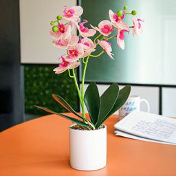 Ekhasa Pink & Green Orchid Artificial Flower With Cement Vase Pot-17