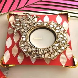 HOMEARTE Red & Grey Metal kalash Shape Diya With MOP Pooja Platter With Box-image-89