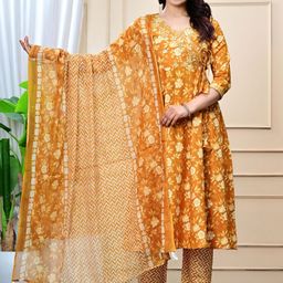 Jaipur Kurti Women Floral Printed Angrakha Mirror Work Pure Cotton Kurta with Trousers & With Dupatta-picture-1