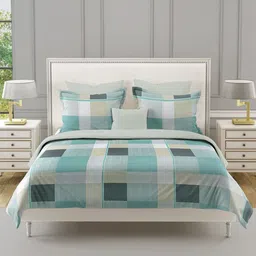 SWAYAM Blue & Cream-Coloured Geometric 210 TC King Bedsheet with 2 Pillow Covers-34