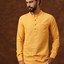 JAYPORE Striped Woven Design Band Collar Straight Pure Cotton Short Kurta-image-90
