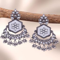 Sangria Silver-Plated Kundan-Studded Oxidised Drop Earrings-12