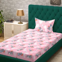 Myntra Elegant Homes Pink & Grey Cartoon Characters 400 TC Single Bedsheet with 1 Pillow Covers-picture-49