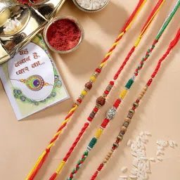 Anouk Set Of 4 Stones Studded And Beaded Thread Rakhis With Roli Chawal Chandan & Mishri-3