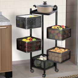 5-Layer Revolving Multipurpose Storage Rack with Wheels | Black Iron Kitchen Trolley-3