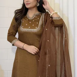 Ekta Textiles Yoke Design Sequinned Notch Neck Kurta With Pyjamas & Dupatta image 2