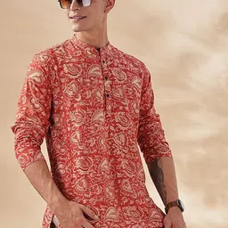 Taavi Ethnic Motifs Printed Band Collar Pure Cotton Straight Kurta-54